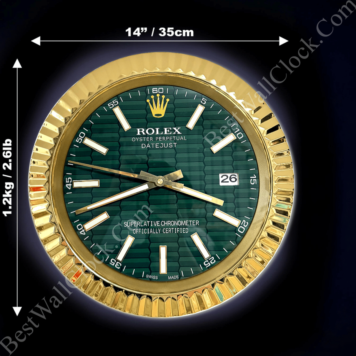 DATEJUST – ROSE GOLD – GREEN – 3 DELUXE METAL WALL CLOCK 35 CM