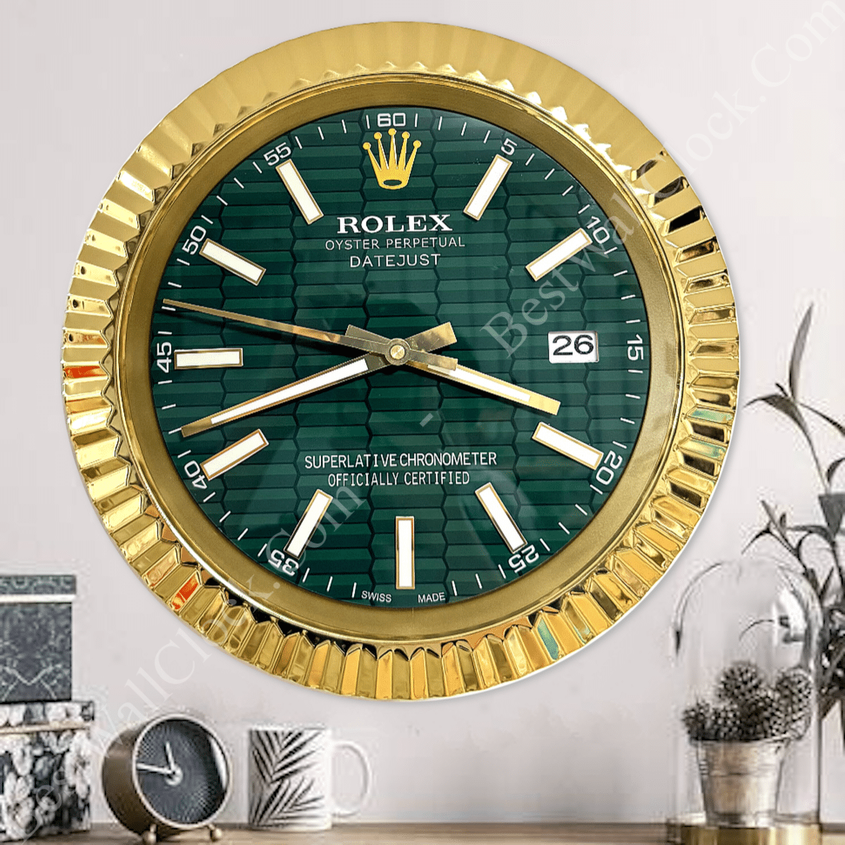 DATEJUST – ROSE GOLD – GREEN – 3 DELUXE METAL WALL CLOCK 35 CM