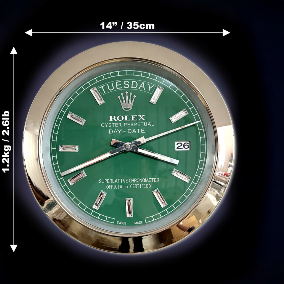 DAY DATE – SILVER – GREEN EDITION 35 CM DELUXE METAL WALL CLOCK