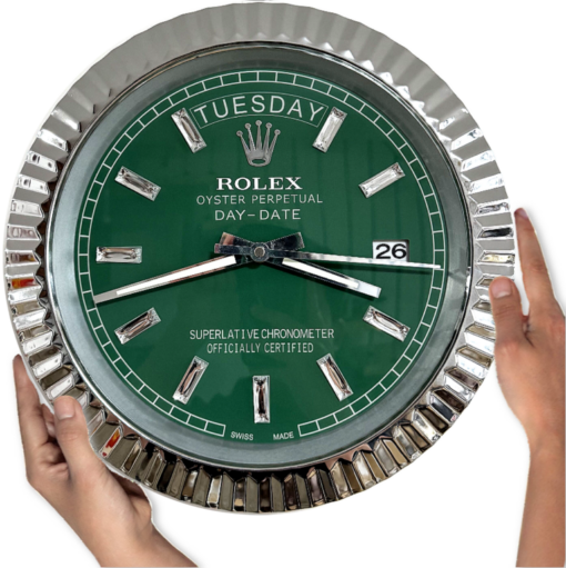 DAY DATE – ROSE SILVER – GREEN 35 CM DELUXE METAL WALL CLOCK