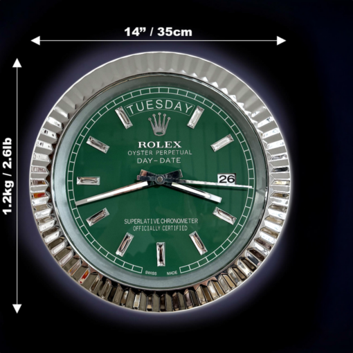 DAY DATE – ROSE SILVER – GREEN 35 CM DELUXE METAL WALL CLOCK