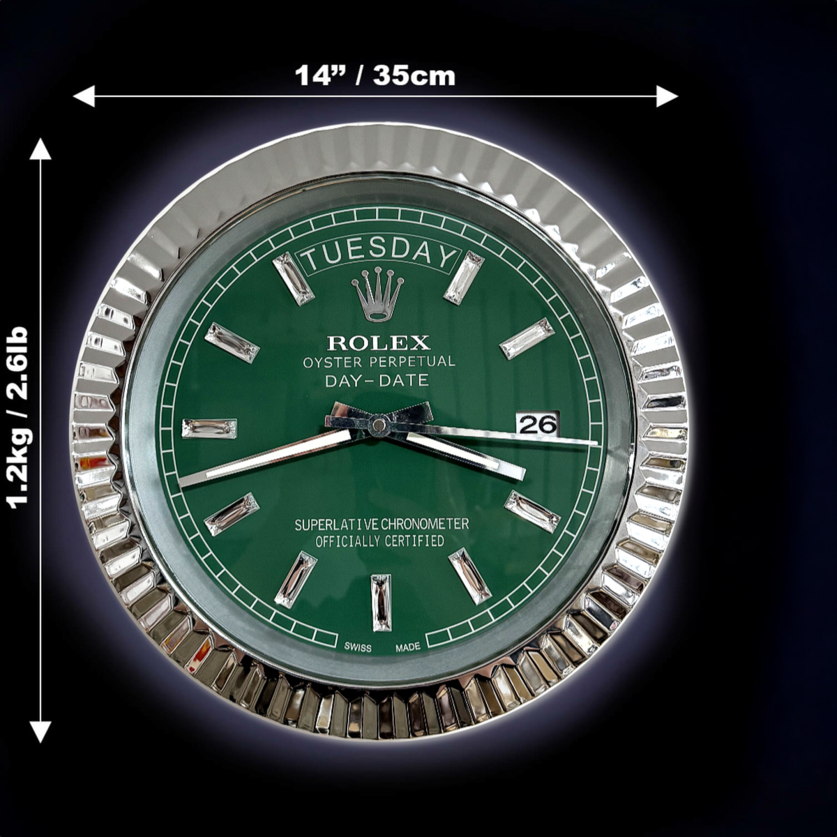 DAY DATE – ROSE SILVER – GREEN 35 CM DELUXE METAL WALL CLOCK