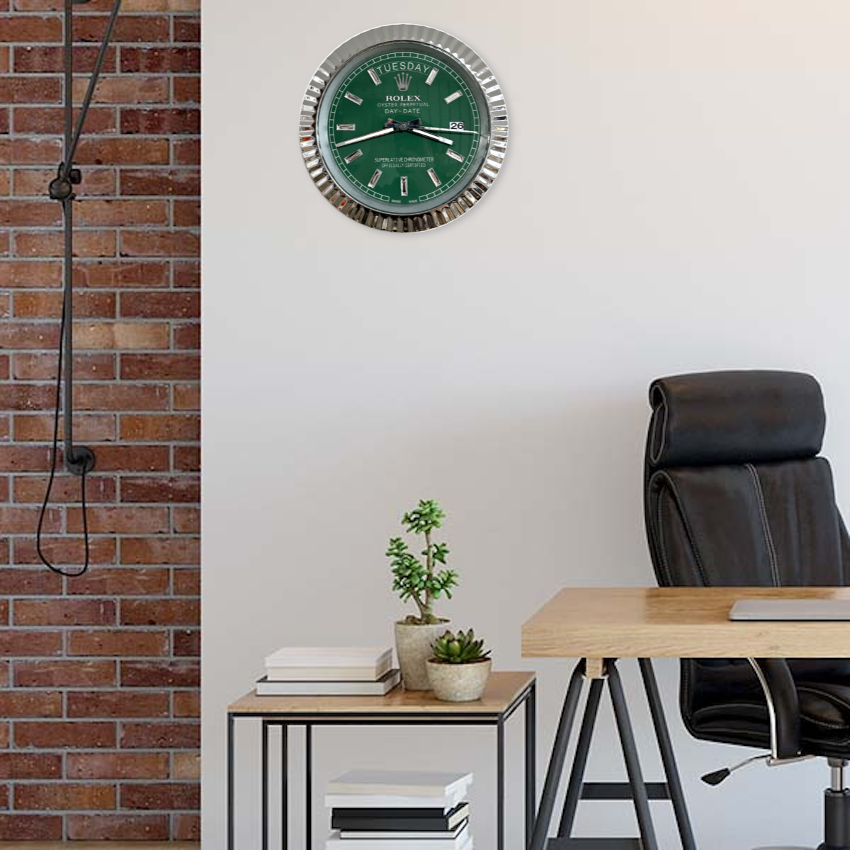 DAY DATE – ROSE SILVER – GREEN 35 CM DELUXE METAL WALL CLOCK