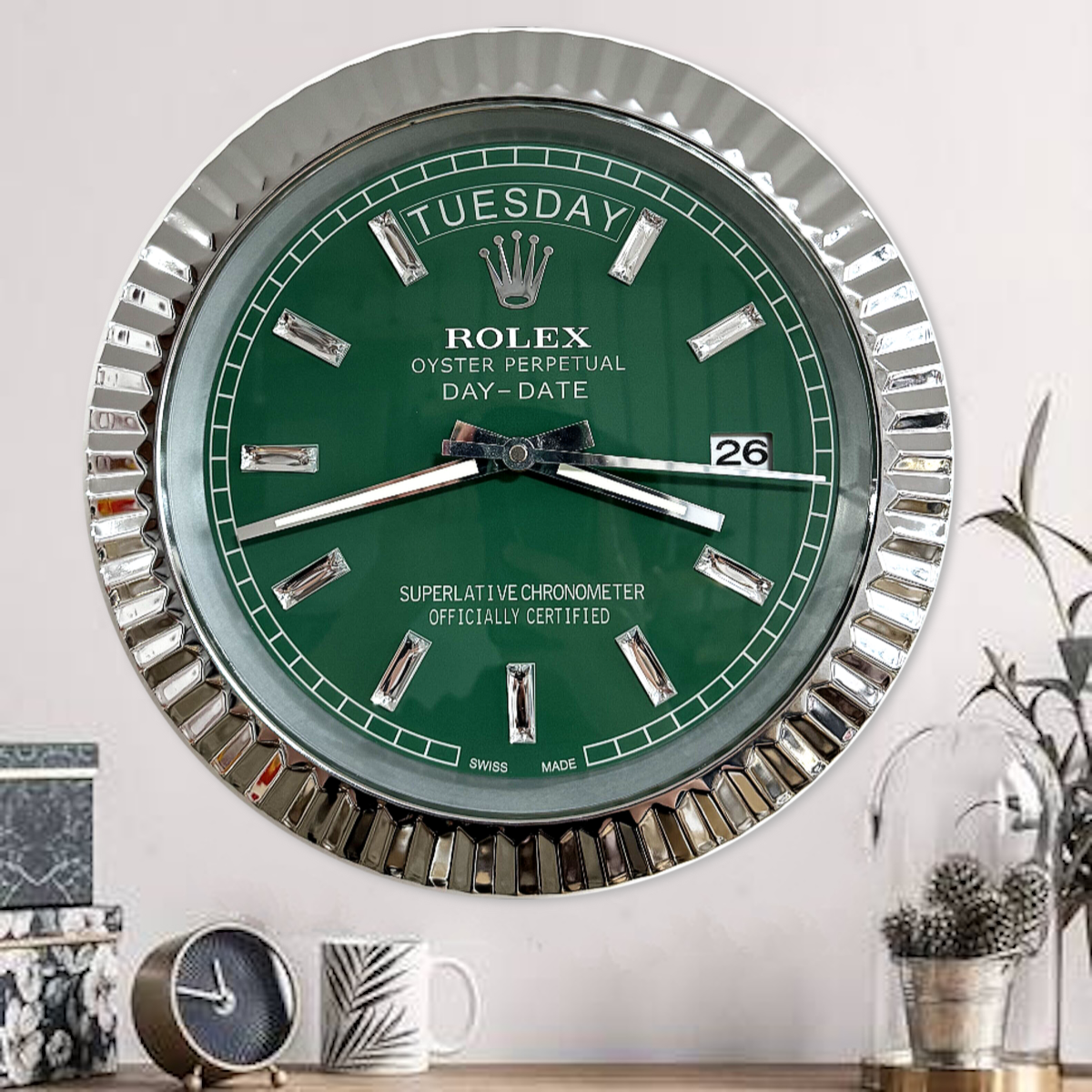 DAY DATE – ROSE SILVER – GREEN 35 CM DELUXE METAL WALL CLOCK