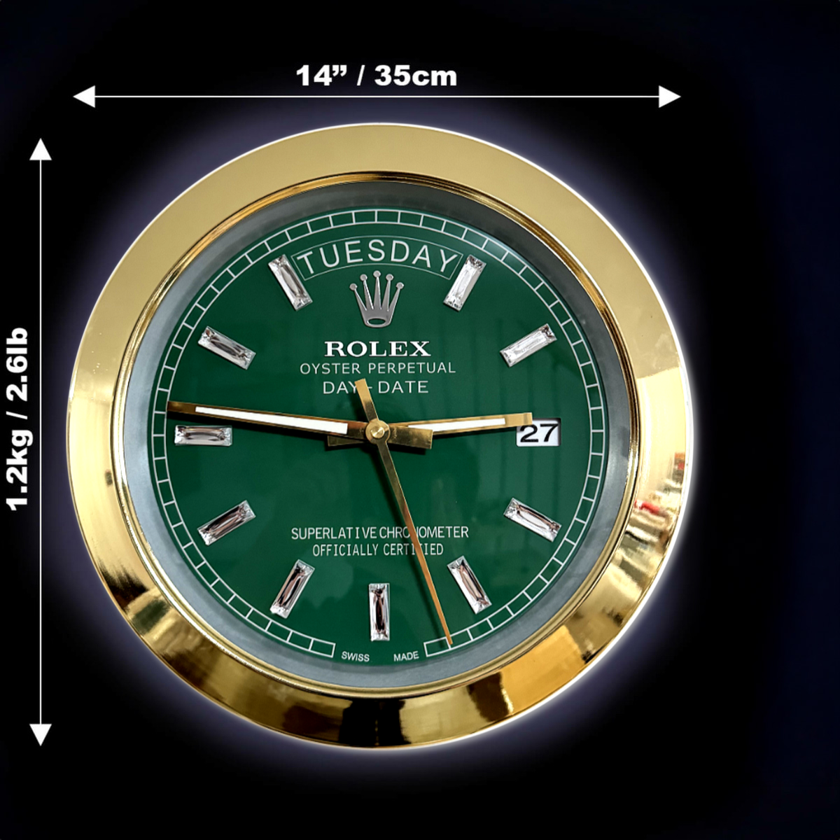 DAY DATE – GOLD – GREEN EDITION 35 CM DELUXE METAL WALL CLOCK
