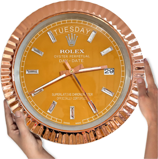 DAY DATE – ROSE GOLD CHROME – YELLOW EDITION 35 CM DELUXE METAL WALL CLOCK