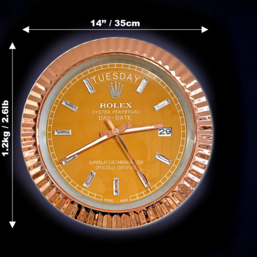 DAY DATE – ROSE GOLD CHROME – YELLOW EDITION 35 CM DELUXE METAL WALL CLOCK