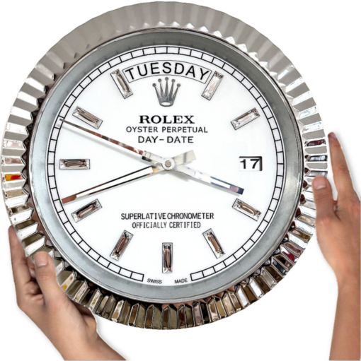 DAY DATE – ROSE SILVER – WHITE 35 CM DELUXE METAL WALL CLOCK