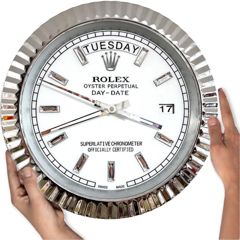 DAY DATE – ROSE SILVER – WHITE 35 CM DELUXE METAL WALL CLOCK