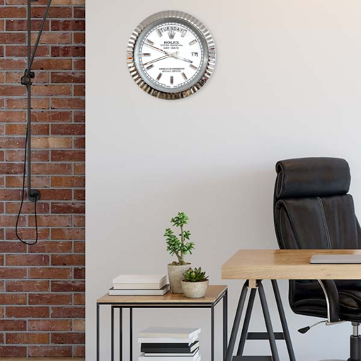DAY DATE – ROSE SILVER – WHITE 35 CM DELUXE METAL WALL CLOCK