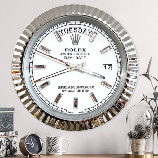 DAY DATE – ROSE SILVER – WHITE 35 CM DELUXE METAL WALL CLOCK