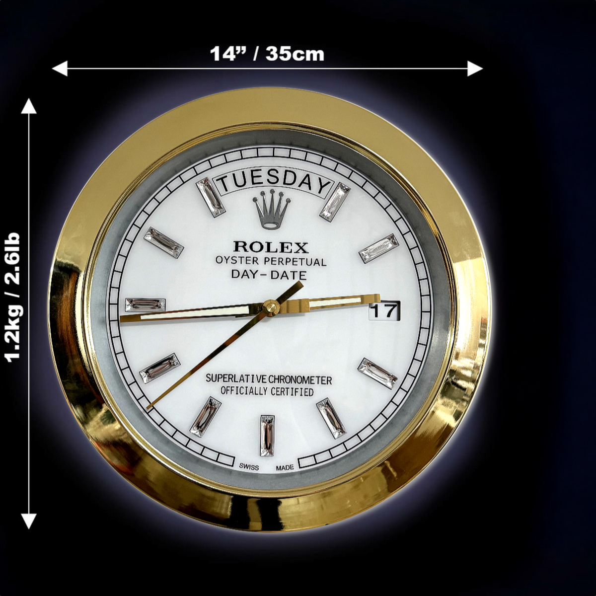 DAY DATE – GOLD – WHITE EDITION 35 CM DELUXE METAL WALL CLOCK