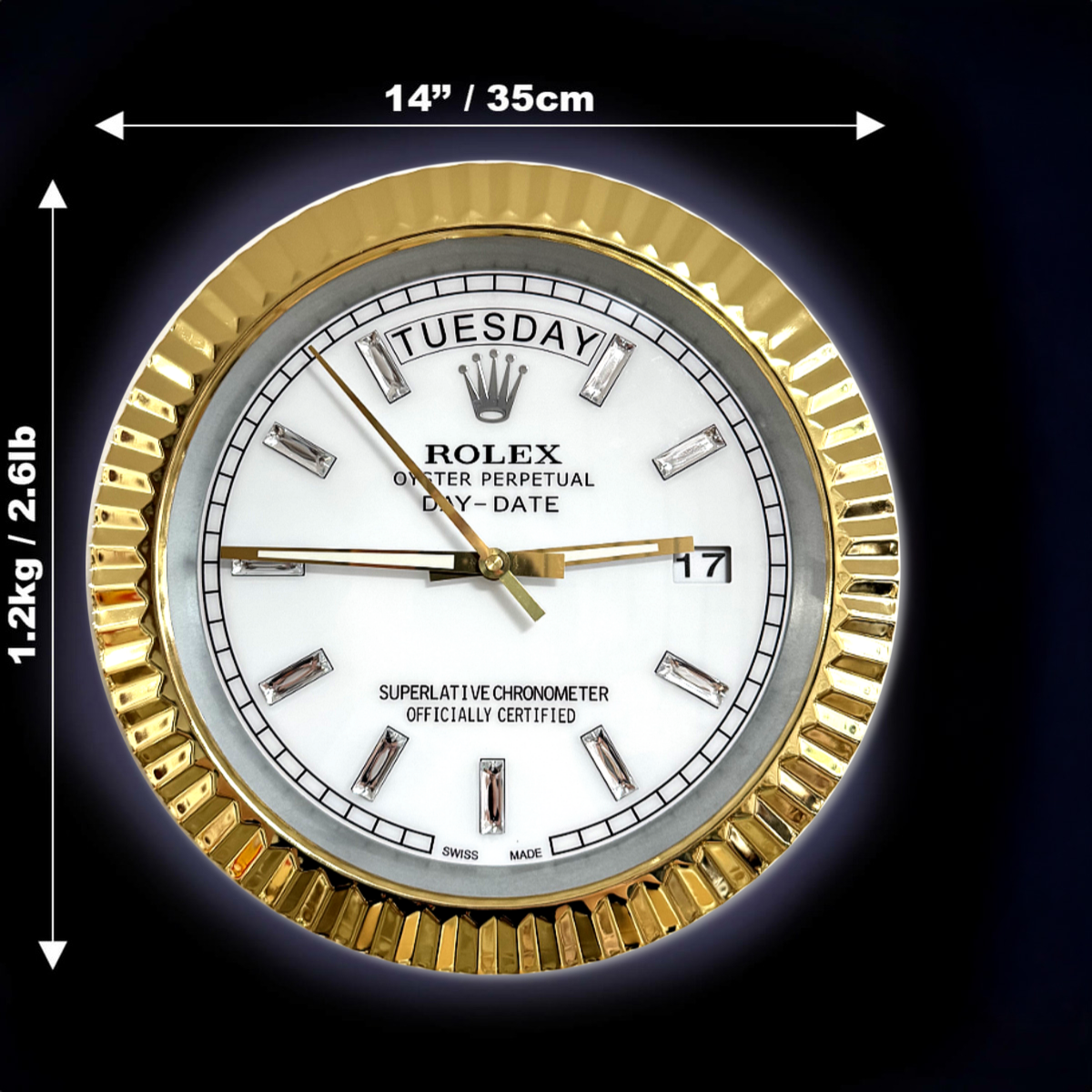 DAY DATE – ROSE GOLD – WHITE 35 CM DELUXE METAL WALL CLOCK
