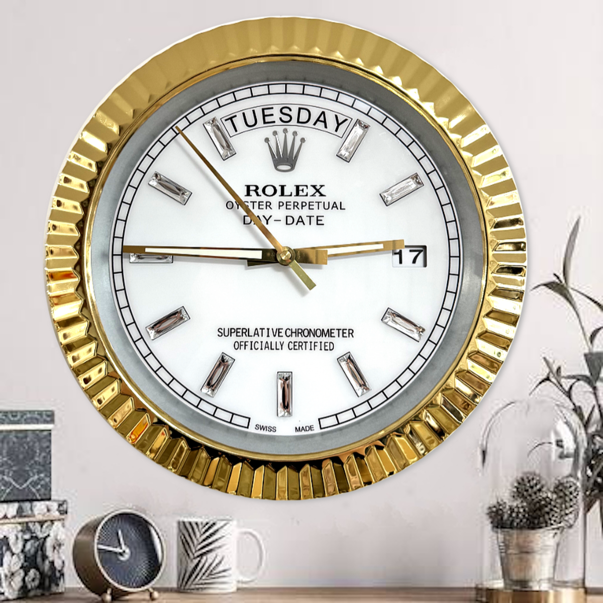 DAY DATE – ROSE GOLD – WHITE 35 CM DELUXE METAL WALL CLOCK