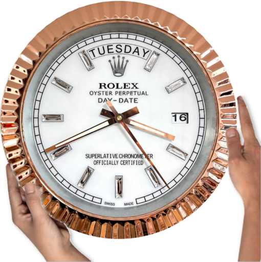 DAY DATE – ROSE GOLD CHROME – WHITE 35 CM DELUXE METAL WALL CLOCK