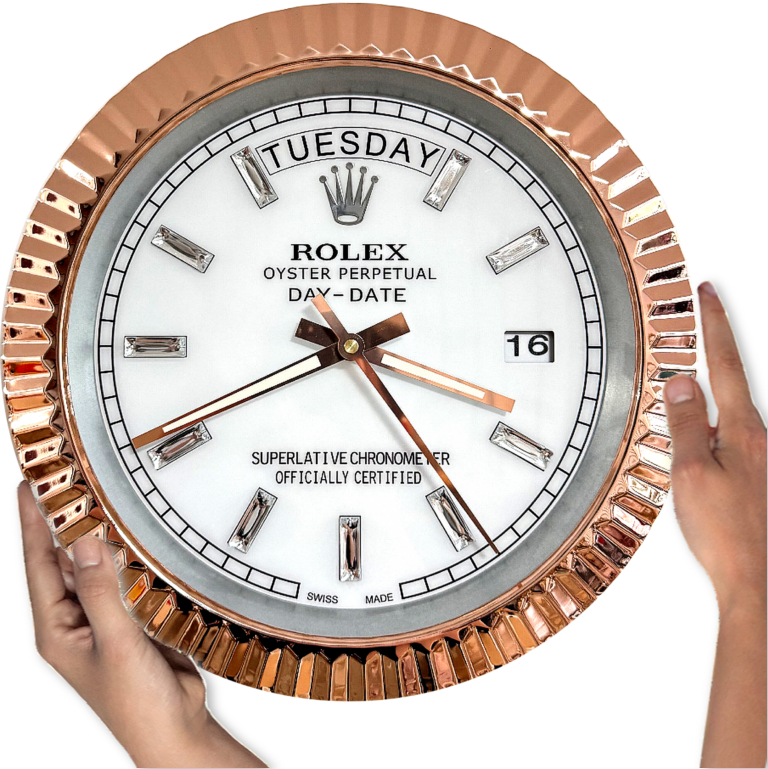 DAY DATE – ROSE GOLD CHROME – WHITE 35 CM DELUXE METAL WALL CLOCK