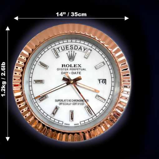 DAY DATE – ROSE GOLD CHROME – WHITE 35 CM DELUXE METAL WALL CLOCK