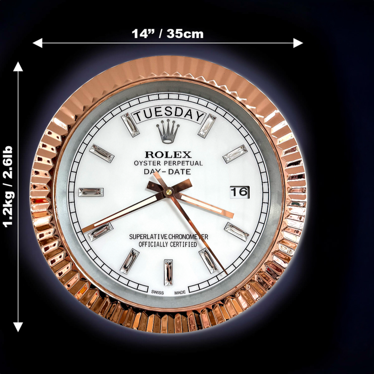 DAY DATE – ROSE GOLD CHROME – WHITE 35 CM DELUXE METAL WALL CLOCK