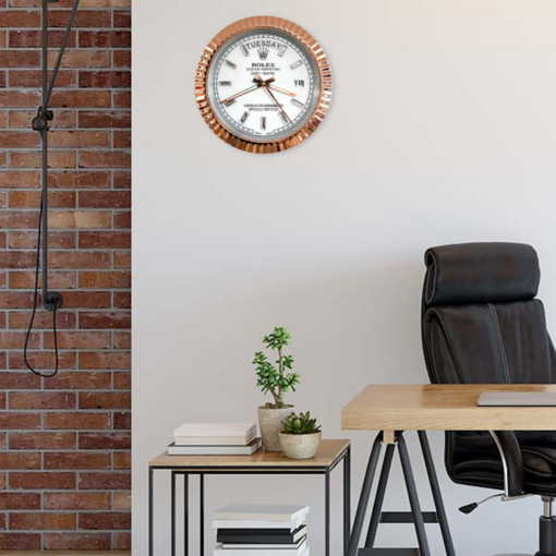 DAY DATE – ROSE GOLD CHROME – WHITE 35 CM DELUXE METAL WALL CLOCK
