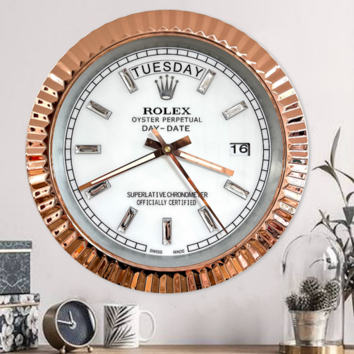 DAY DATE – ROSE GOLD CHROME – WHITE 35 CM DELUXE METAL WALL CLOCK