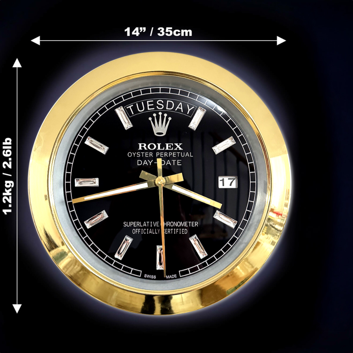 DAY DATE – GOLD – BLACK EDITION 35 CM DELUXE METAL WALL CLOCK