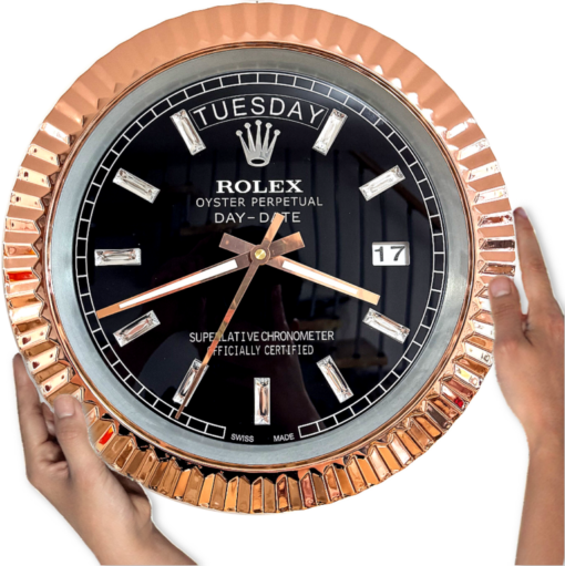 DAY DATE – ROSE GOLD CHROME – BLACK EDITION 35 CM DELUXE METAL WALL CLOCK
