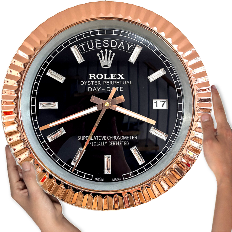 DAY DATE – ROSE GOLD CHROME – BLACK EDITION 35 CM DELUXE METAL WALL CLOCK