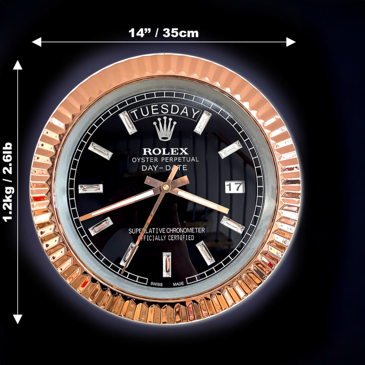 DAY DATE – ROSE GOLD CHROME – BLACK EDITION 35 CM DELUXE METAL WALL CLOCK