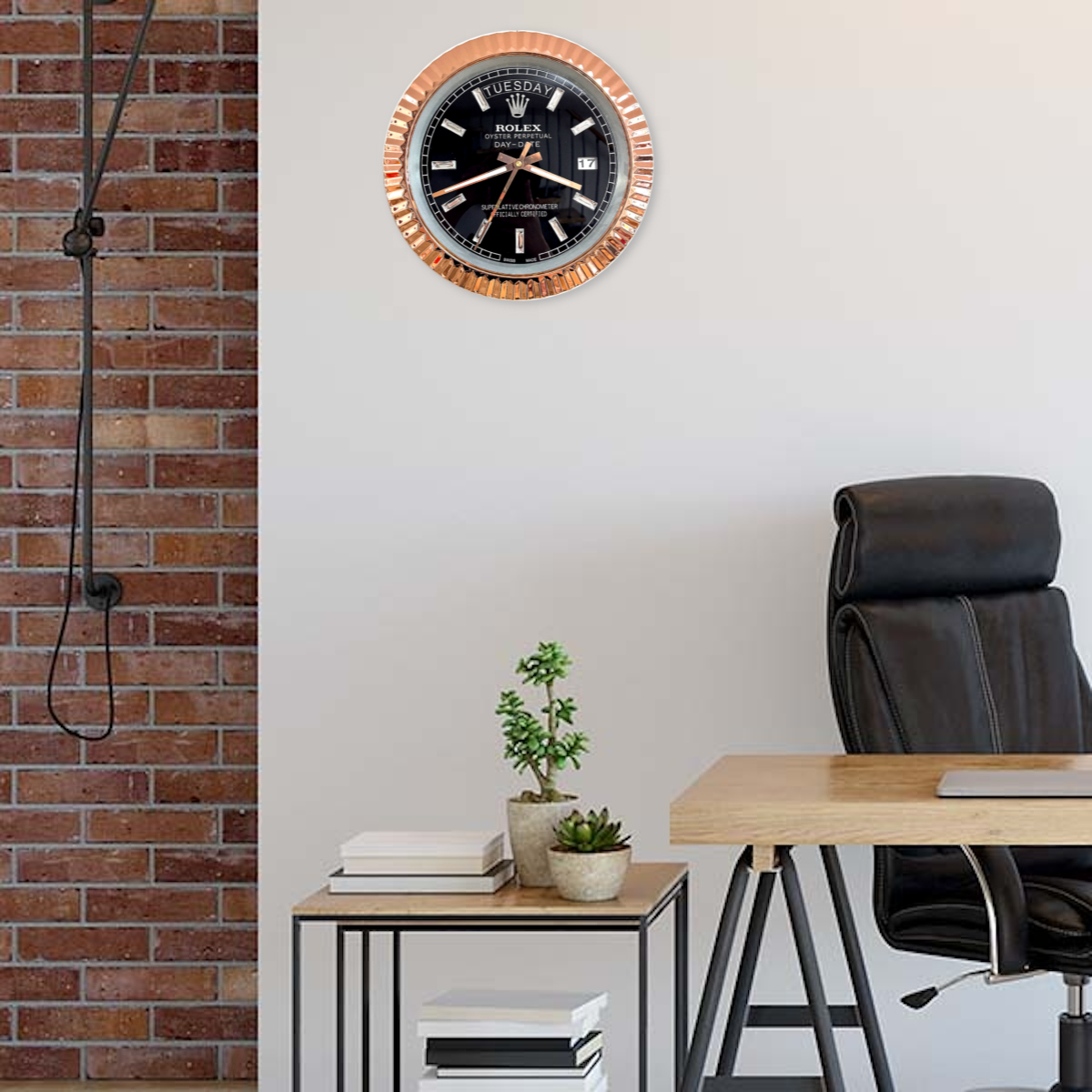 DAY DATE – ROSE GOLD CHROME – BLACK EDITION 35 CM DELUXE METAL WALL CLOCK