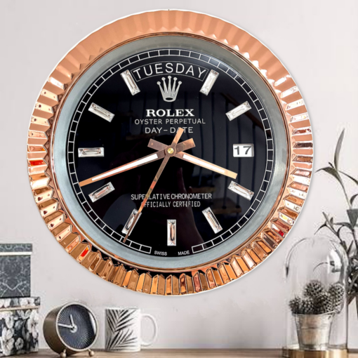 DAY DATE – ROSE GOLD CHROME – BLACK EDITION 35 CM DELUXE METAL WALL CLOCK