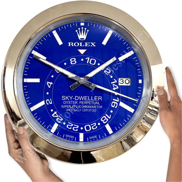 SK THERE! I'M HAPPY TO HELP WITH THAT. HERE'S THE REWRITTEN PRODUCT TITLE BASED ON THE DESCRIPTION, KEEPING ONLY THE BRAND NAME, MODEL NUMBER, AND PRODUCT TYPE IN CONCISE AND CLEAR LANGUAGE:

SKY DWELLER – SILVER – BLUE DELUXE METAL WALL CLOCK