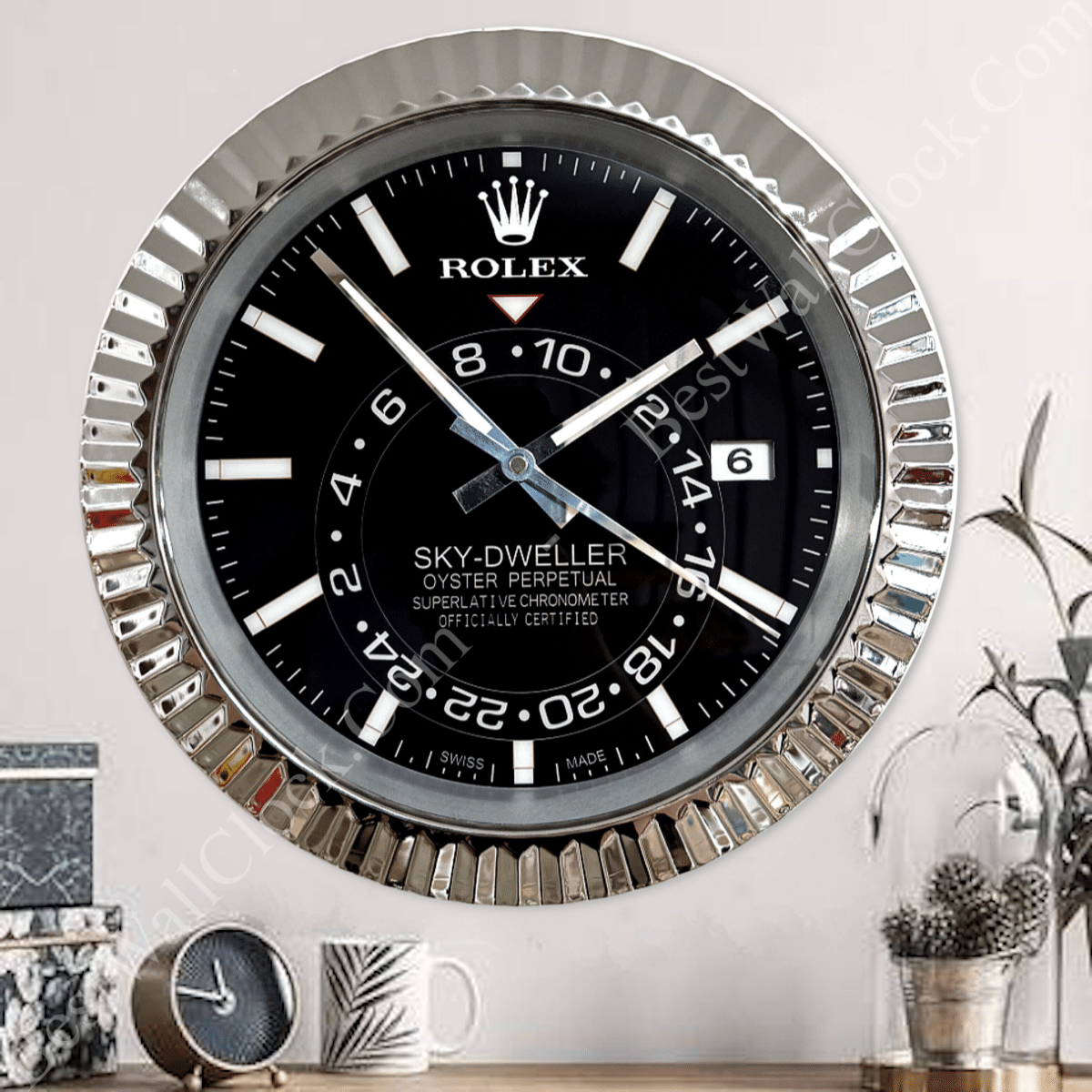 SKY DWELLER – ROSE SILVER – BLACK EDITION 35 CM DELUXE METAL WALL CLOCK