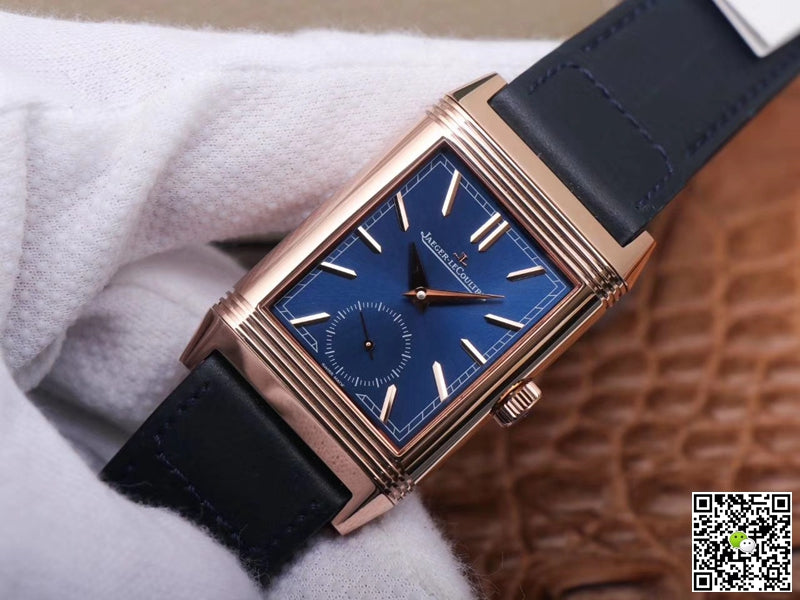 Jaeger LeCoultre Reverso Tribute Double-sided Double Time Zone Flip MG Factory Rose Gold Blue Dial