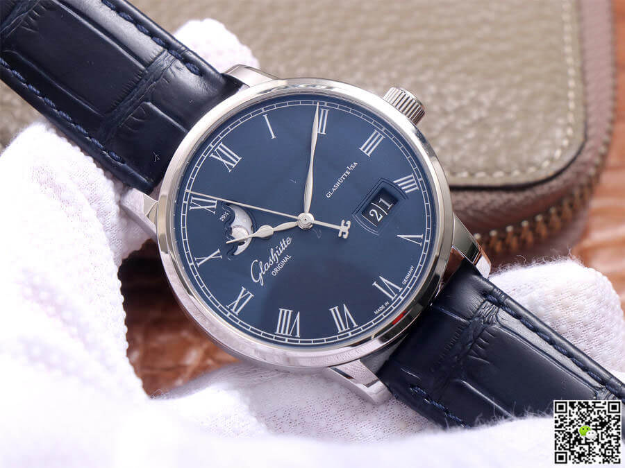 Glashutte Senator Moon Phase 1-36-04 V9 Factory Blue Leather Strap