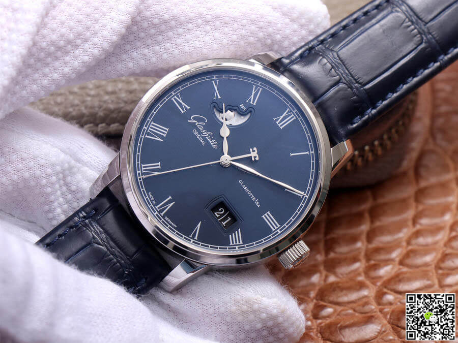 Glashutte Senator Moon Phase 1-36-04 V9 Factory Blue Leather Strap