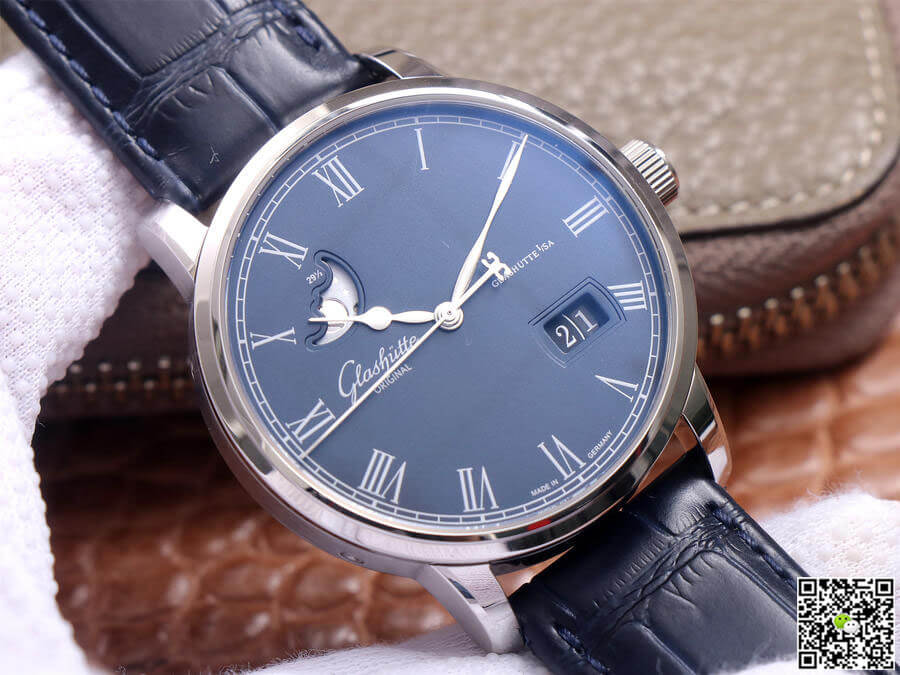 Glashutte Senator Moon Phase 1-36-04 V9 Factory Blue Leather Strap