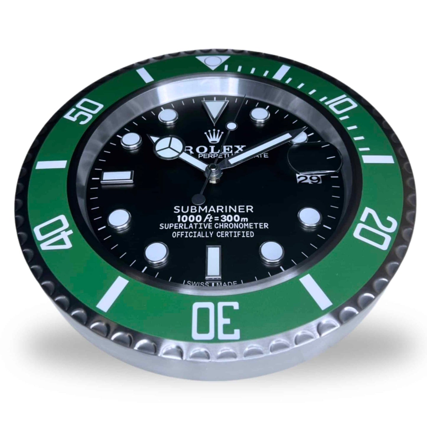 ROLEX SUBMARINER WALL CLOCK - BLACK DIAL, GREEN “STARBUCK” BEZEL, STAINLESS STEEL, 35CM
