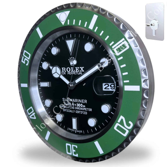 ROLEX SUBMARINER WALL CLOCK - BLACK DIAL, GREEN “STARBUCK” BEZEL, STAINLESS STEEL, 35CM
