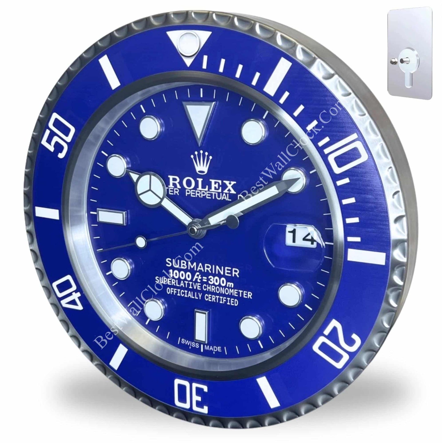 ROLEX SUBMARINER WALL CLOCK - VIVID BLUE DIAL, WHITE BEZEL, STAINLESS STEEL, 35CM