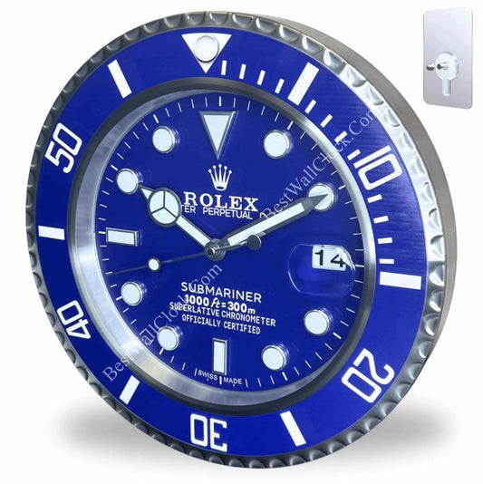 ROLEX SUBMARINER WALL CLOCK - VIVID BLUE DIAL, WHITE BEZEL, STAINLESS STEEL, 35CM