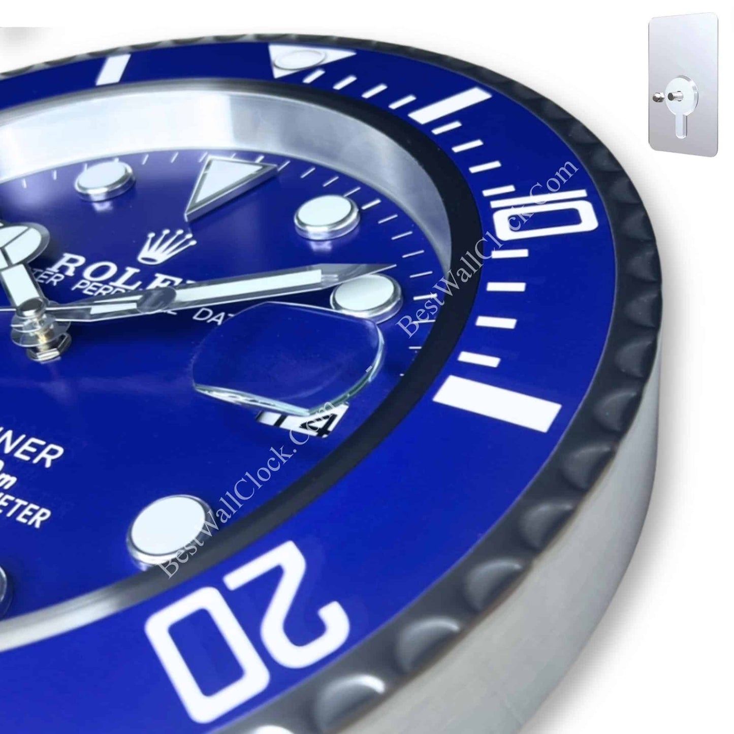 ROLEX SUBMARINER WALL CLOCK - VIVID BLUE DIAL, WHITE BEZEL, STAINLESS STEEL, 35CM