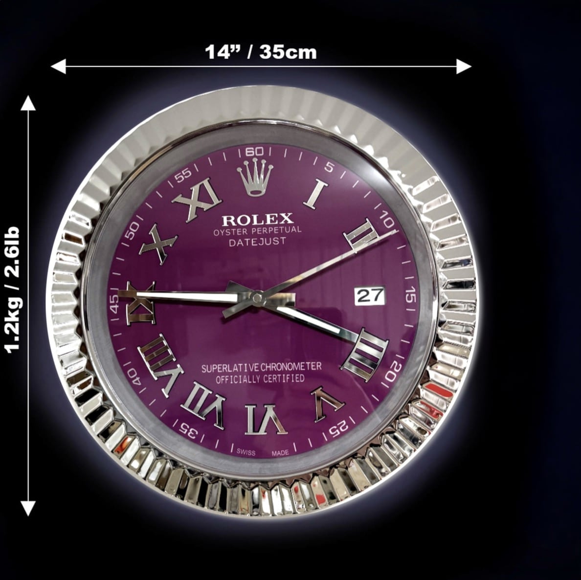 DATEJUST – ROSE SILVER – PURPLE EDITION 35 CM DELUXE METAL WALL CLOCK