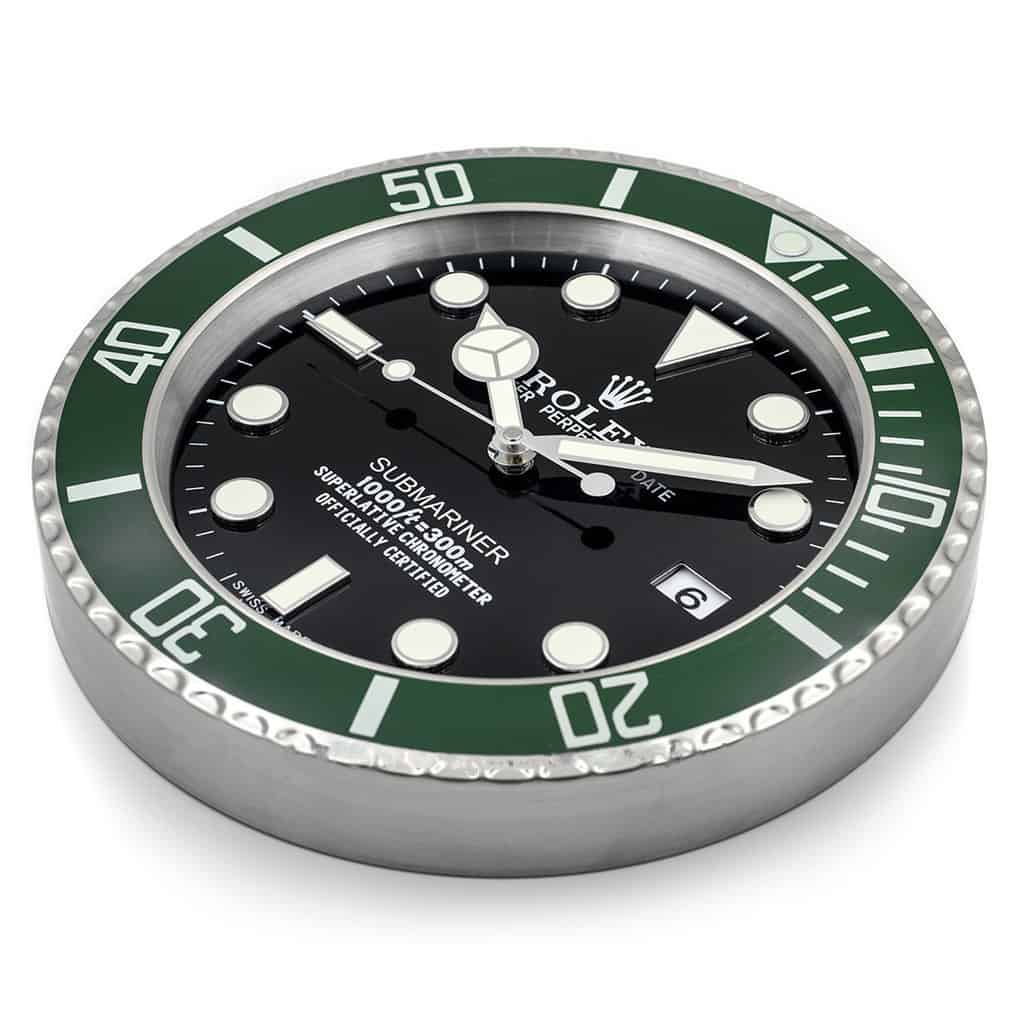 ROLEX SUBMARINER WALL CLOCK - BLACK DIAL, GREEN “STARBUCK” BEZEL, STAINLESS STEEL, 35CM