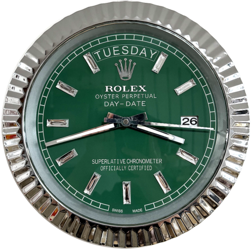 DAY DATE – ROSE SILVER – GREEN 35 CM DELUXE METAL WALL CLOCK
