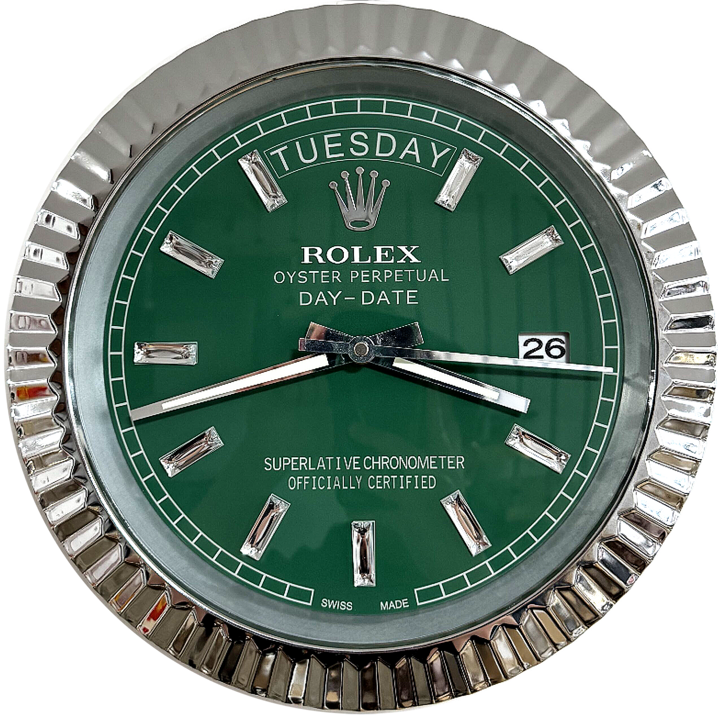 DAY DATE – ROSE SILVER – GREEN 35 CM DELUXE METAL WALL CLOCK