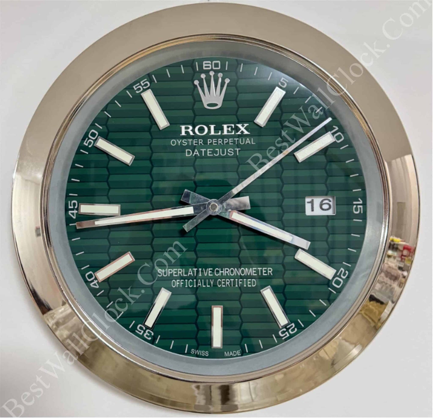 DATEJUST – SILVER – GREEN – 3 DELUXE METAL WALL CLOCK 35 CM