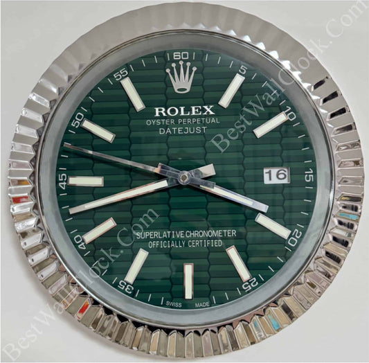 DATEJUST – ROSE SILVER – GREEN – 3 DELUXE METAL WALL CLOCK 35 CM