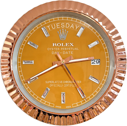 DAY DATE – ROSE GOLD CHROME – YELLOW EDITION 35 CM DELUXE METAL WALL CLOCK