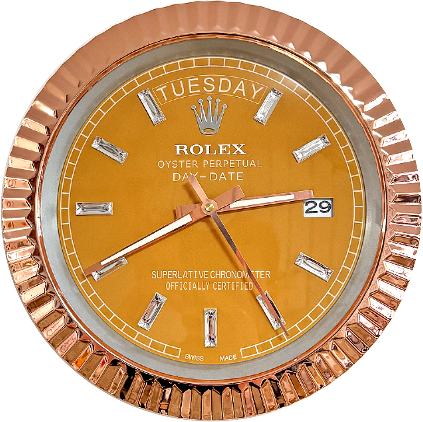 DAY DATE – ROSE GOLD CHROME – YELLOW EDITION 35 CM DELUXE METAL WALL CLOCK