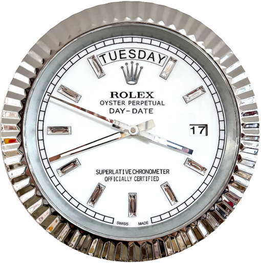DAY DATE – ROSE SILVER – WHITE 35 CM DELUXE METAL WALL CLOCK